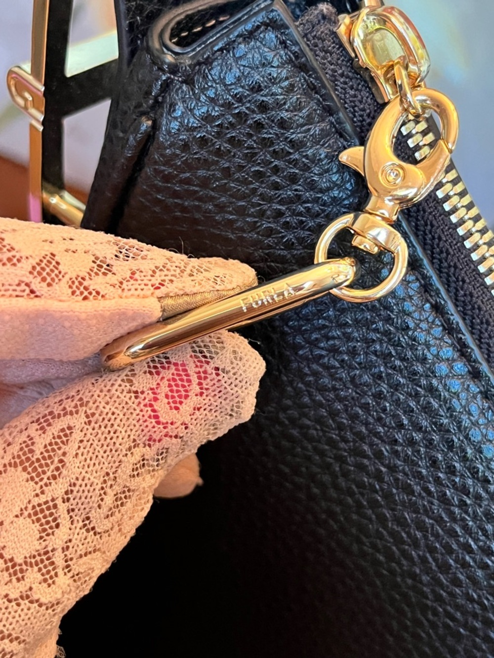 Furla MiaLuna Black Pebbled Leather Crescent Crossbody Bag w/Gold Hardware- NWOT - Picture 4 of 17